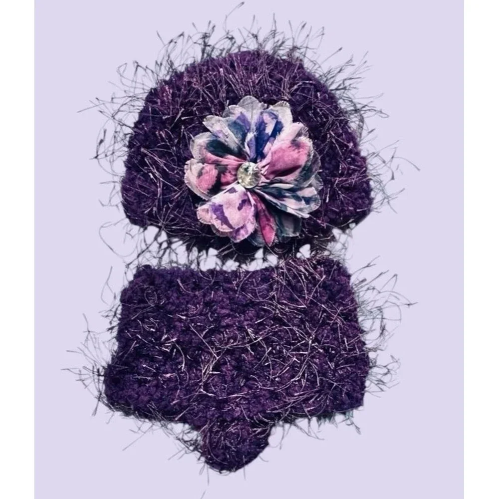 Handmade Fuzzy Knit Baby Photo Prop Diaper Cover And Hat Purple Flower Glam